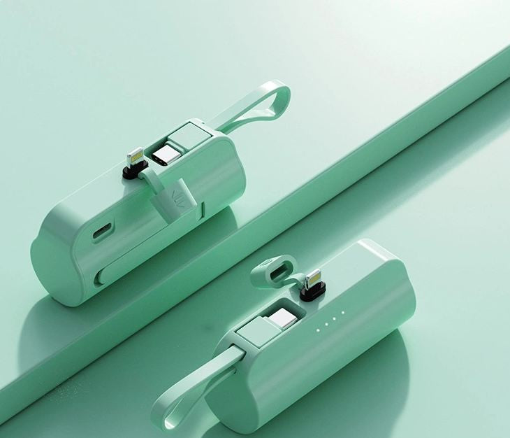 8000 Mah Green Mini Power Bank With Lightning Pin And Type C Cable