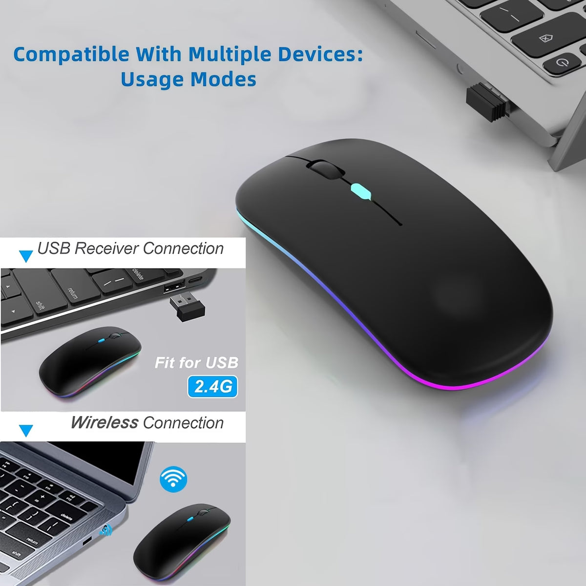 Dual-Mode Rechargeable Wireless Mouse with RGB Lighting